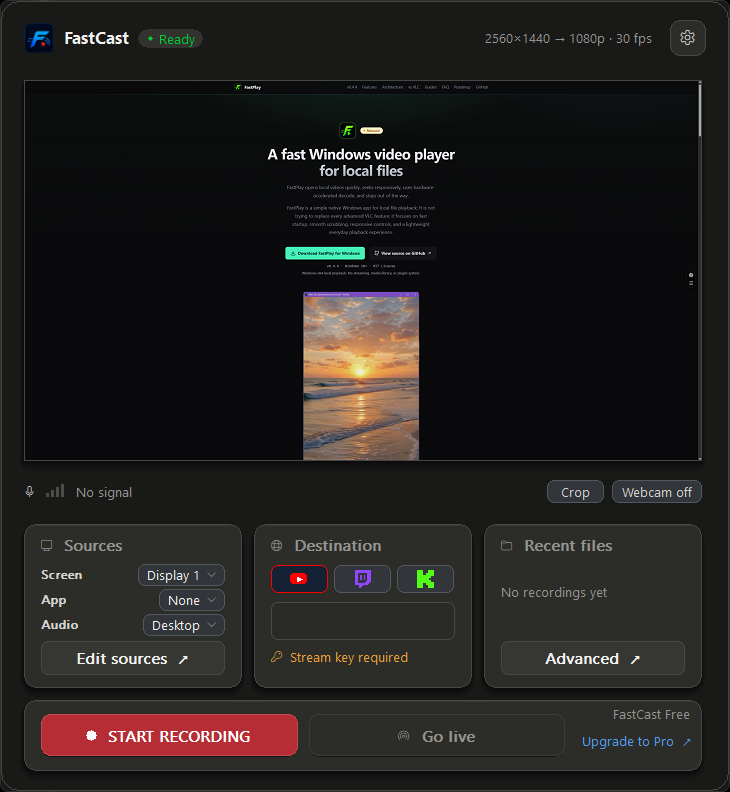 FastCast Open Beta interface showing the live screen preview, screen and app source pickers, streaming destination, and recording controls.
